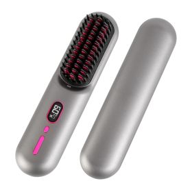 Grey-Black Options -- 1Pc Cordless Negative Ion Hair Straightener Brush Rechargeable Mini Styling Comb With 12 Heating Levels Anti-scald 30S Preheatin (Option: Grey)