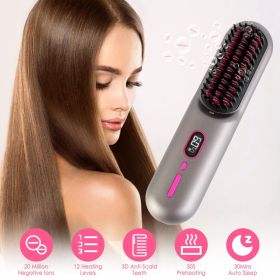 Cordless Negative Ion Hair Straightener Brush Rechargeable Mini Styling Comb With 12 Heating Levels Anti-scald 30S Preheating 30Mins Auto Sleep LCD Di (Option: Grey)